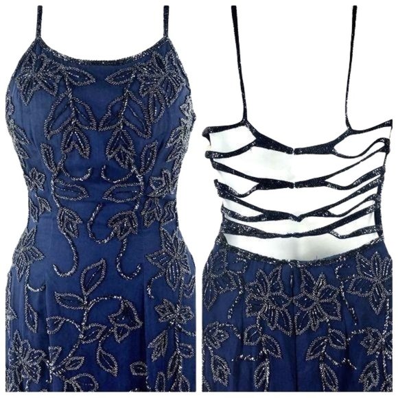 Vintage 100% Silk Navy blue beaded evening gown. Size Small. - Picture 2 of 7